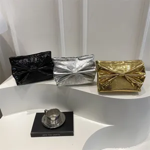 Women Fashion PU Leather Evening Clutch Bag Large Capacity Minimalist Bow Bag Elegant Metallic Surface Party Handbag
