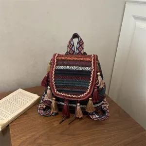 Ethnic Style Women Casual Backpack Tassel Diamond Print Large Capacity Travel Bag