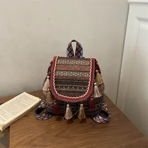 Ethnic style canvas backpack with geometric print and fringe tassels for women casual travel use