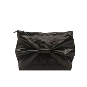 Black patent leather evening clutch bag with large bow and wave texture for women fashion