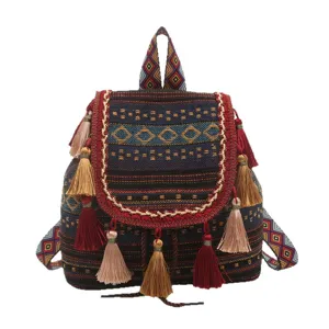 Boho ethnic style woven backpack for women, fashion tassel geometric print travel daypack bag