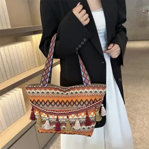 Ethnic style woven tote bag with wide straps and tassels, large capacity women shoulder bag.
