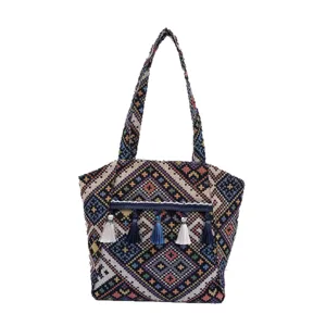 Boho ethnic woven tote bag for women, vintage shoulder handbag with decorative tassels.