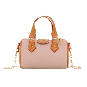 Kids mini barrel bag stylish children shoulder crossbody handbag with chain strap pink