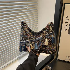 Bolso bandolera tejido de estilo étnico con borlas, gran bolso casual para mujer chic.