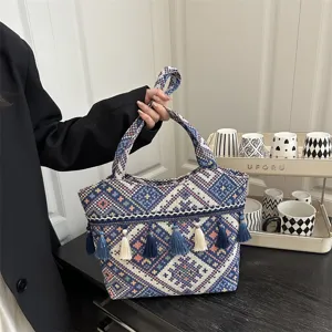 Ethnic style woven embroidered tote bag with tassels, large capacity casual shoulder bag.