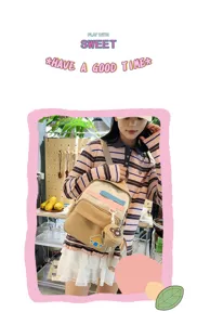 Detailed shot of a cute canvas backpack with colorful straps and a small bear pendant.