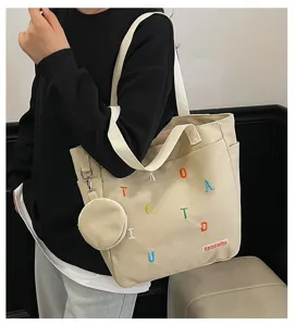 Canvas tote bag with small pouch, large capacity shoulder bag for women daily casual commute.