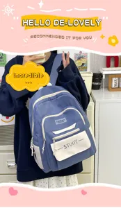 Casual blue white student backpack detail view, large capacity water resistant school bag.