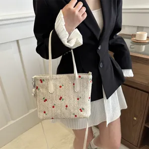 Summer straw woven tote bag with cute embroidery, casual shoulder handbag for women daily.