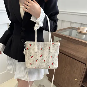 Summer woven tote bag with cute embroidery design, large capacity casual shoulder handbag.