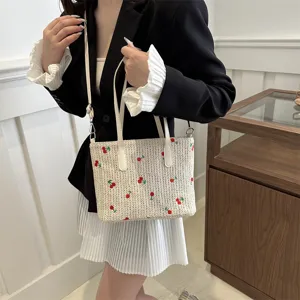 Summer woven tote bag with cute embroidery, large capacity shoulder bag for women daily commute.