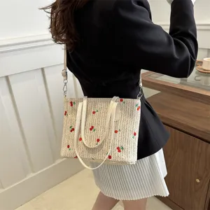 Summer travel woven tote bag with cute embroidery, large capacity shoulder handbag for women.