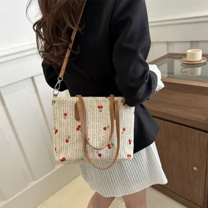 Summer travel woven tote bag with cherry embroidery, large capacity shoulder and handbag for women.