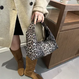 Leopard print handbag detail, casual hobo tote bag style, soft fabric with large capacity.