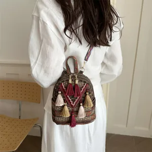 Ethnic boho mini backpack for women, stylish tassel casual small rucksack daily use