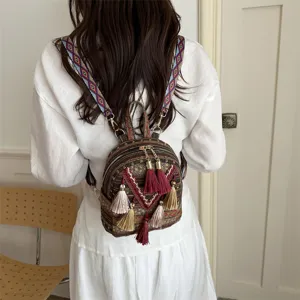 Bohemian style mini backpack for women, ethnic pattern straps, casual tassel daypack.