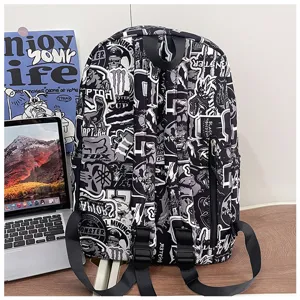 Mochila casual con grafitis gran capacidad bolsa escolar negra y blanca para jóvenes