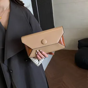 Elegant color-blocked envelope clutch bag with button, ideal for evening parties and banquets.