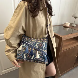 Ethnic vintage woven canvas shoulder bag for women, stylish large capacity crossbody bag.