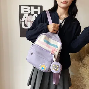 Cute mini backpack for kids women trendy casual school bag with cute cartoon bear pendant
