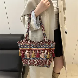 Retro ethnic style embroidered tote bag with tassels large capacity casual shoulder bag