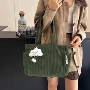 Green corduroy tote bag for women, large capacity vintage casual shoulder bag with cute keychain.