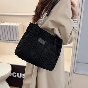 Women black corduroy shoulder bag winter fashion chain underarm tote bag casual daily commuting