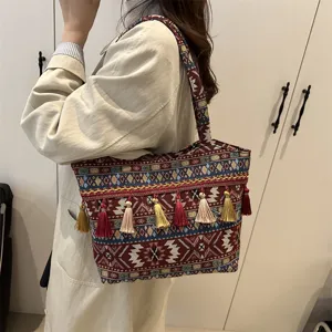 Vintage ethnic embroidered shoulder bag with tassels, large capacity casual tote for women.