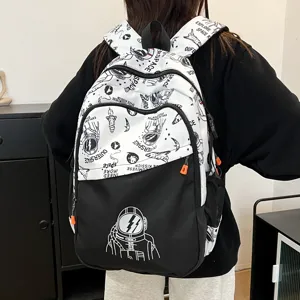 Mochila de astronauta en blanco y negro con diseño espacial, gran bolsa escolar para estudiantes.