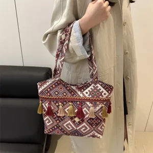 Ethnic style embroidered tote bag with tassels, vintage shoulder bag for women commuter