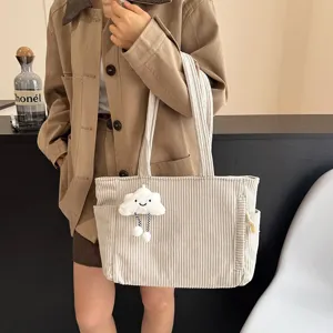 Beige corduroy tote bag, large capacity minimalist casual shoulder bag for women.
