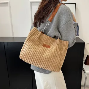 Women large capacity corduroy shoulder bag stylish casual commuter tote bag with chain