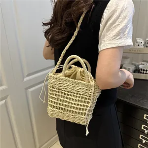 Summer casual straw woven bucket bag, stylish shoulder crossbody handbag with inner pouch.