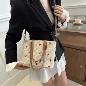 Summer travel woven tote bag with cute strawberry embroidery, large capacity shoulder handbag.