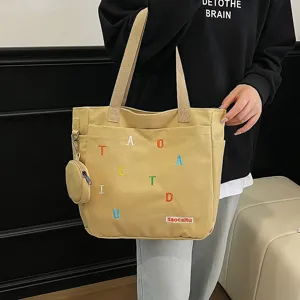 Canvas shoulder bag casual tote handbag with small pouch large capacity daily use stylish