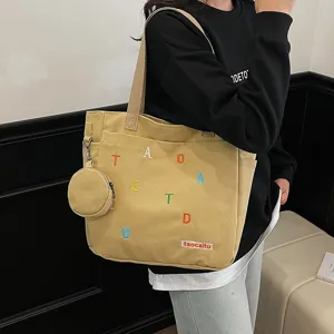 Casual canvas tote bag with small coin purse, large capacity shoulder bag for women students.