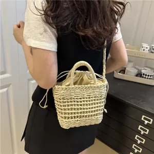 Woven bucket bag for women summer casual straw crossbody shoulder handbag with inner drawstring