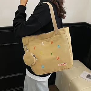Casual canvas tote bag with small coin purse, large capacity shoulder bag for women daily use.