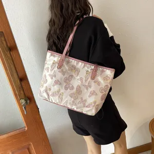 Women casual large capacity canvas tote bag with pink butterfly jacquard pattern daily