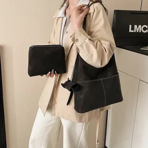 Vintage suede tote bag and matching pouch set, perfect large capacity commuter bag for daily use.