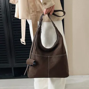 Retro brown suede tote bag detail, large capacity slouchy shoulder bag for women daily commute.