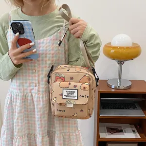 Cute cartoon capybara print canvas crossbody bag for women student daily casual shoulder bag