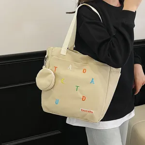 Casual canvas tote shoulder bag for women, large capacity student daily handbag with coin purse.