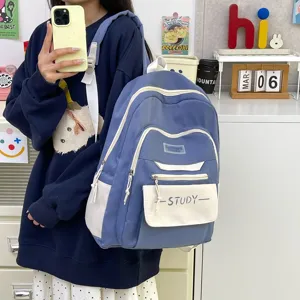 Korean style casual student backpack, large capacity waterproof school bag with front pocket.