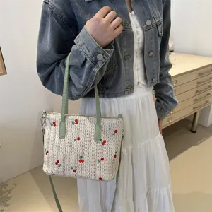 Summer woven tote bag with green straps and cute red cherry embroidery for women travel