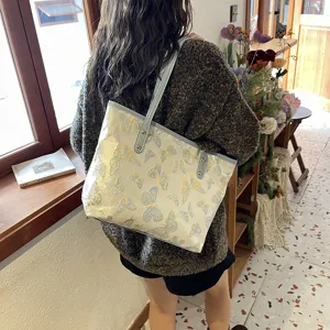 Women large capacity shoulder tote bag butterfly jacquard fabric casual commuter handbag