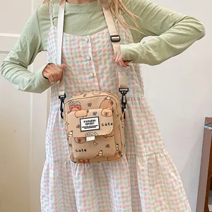 Canvas crossbody bag with cute capybara print, small shoulder bag for casual daily use.