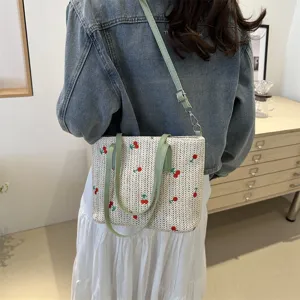 Straw woven tote bag with embroidery, large capacity shoulder and handbag for daily use.