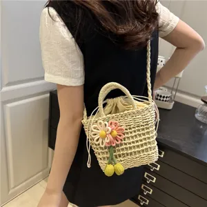 Summer straw bucket bag for women, cute floral design, casual single shoulder crossbody tote.